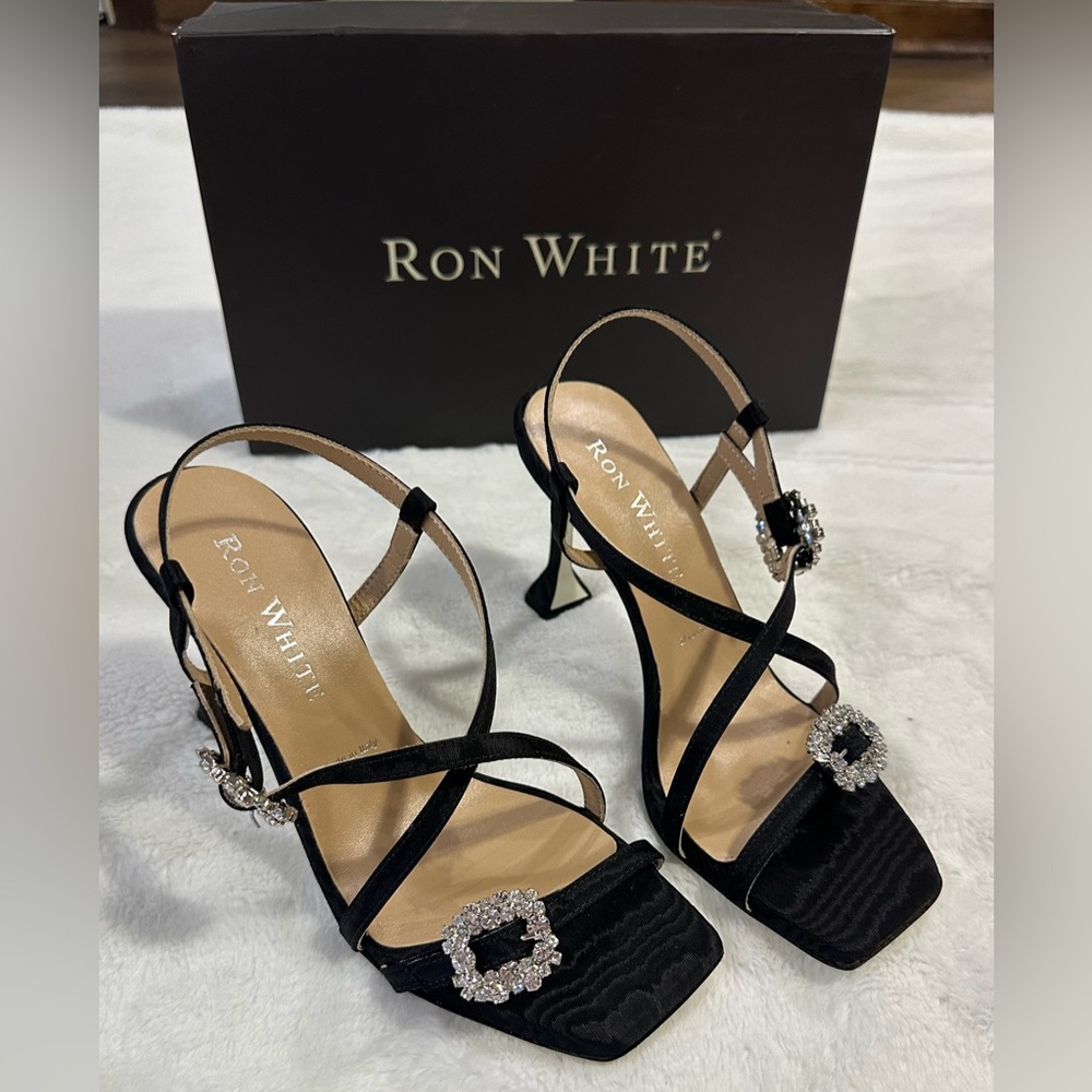 Ron white Nicoletta Satin Crystal Square Toe Pump Sandal Heels Strappy Black 7
